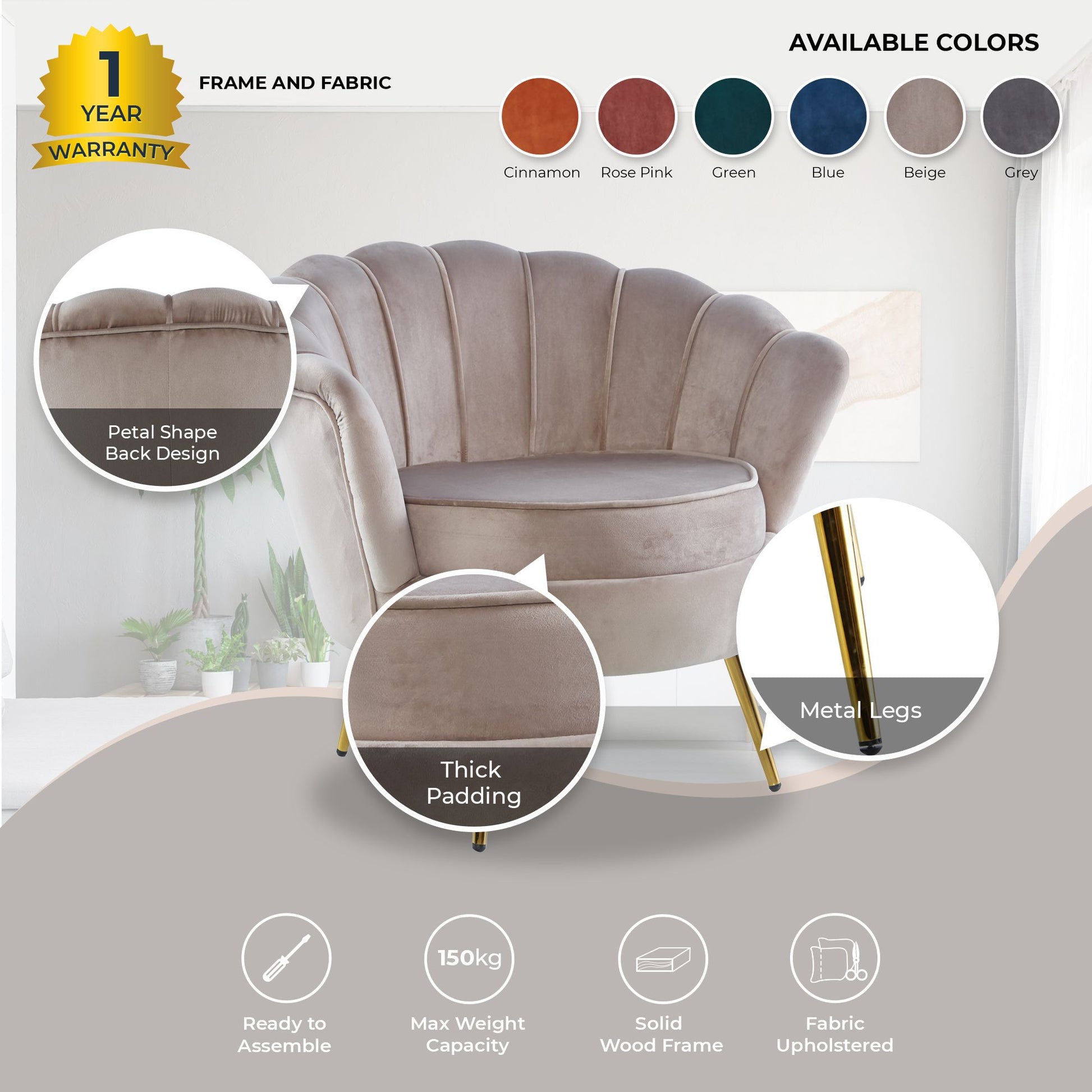 Bloomer Velvet Fabric Accent Sofa Love Chair Round Ottoman Set - Beige - Cosy Abode