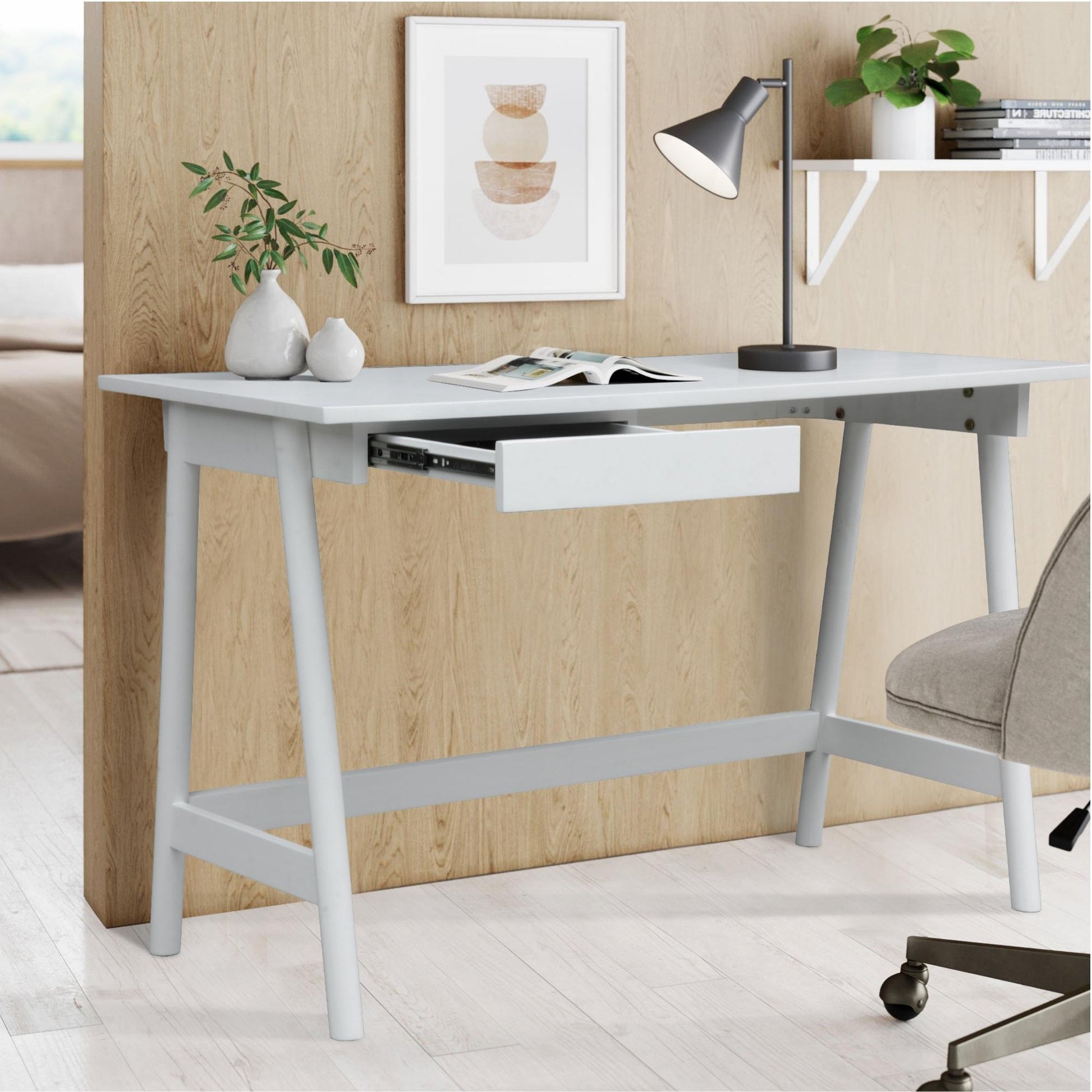 Mindil Office Desk Student Study Table Solid Wooden Timber Frame - White - Cosy Abode