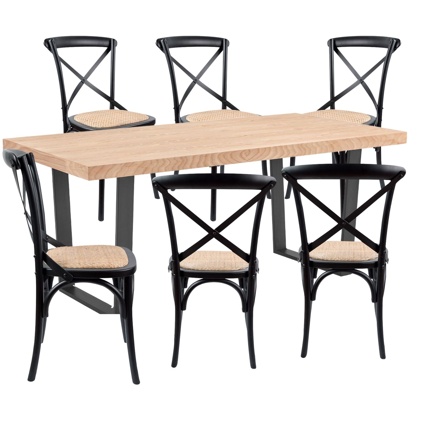 Petunia  7pc 180cm Dining Table Set 6 Cross Back Chair Elm Timber Wood Metal Leg - Cosy Abode