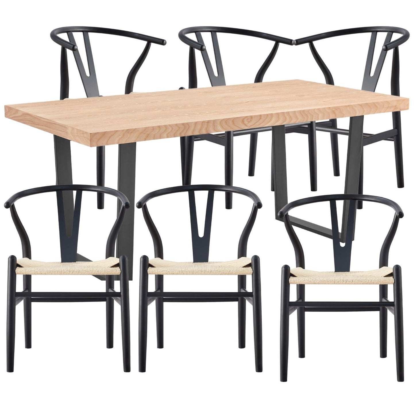 Petunia  7pc 180cm Dining Table Set 6 Wishbone Chair Elm Timber Wood Metal Leg - Cosy Abode
