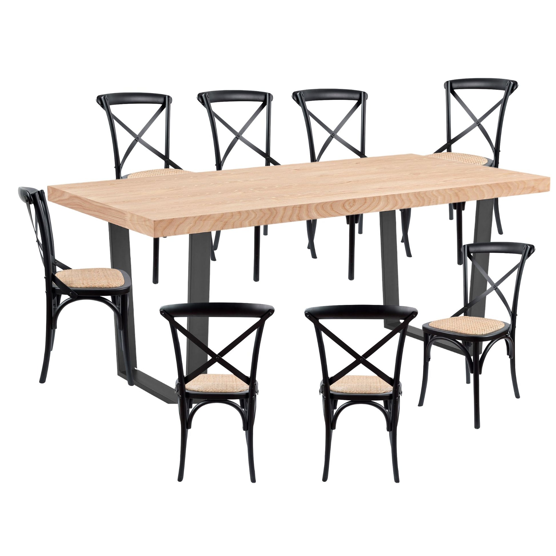 Petunia 9pc 210cm Dining Table Set 8 Cross Back Chair Elm Timber Wood Metal Leg - Cosy Abode