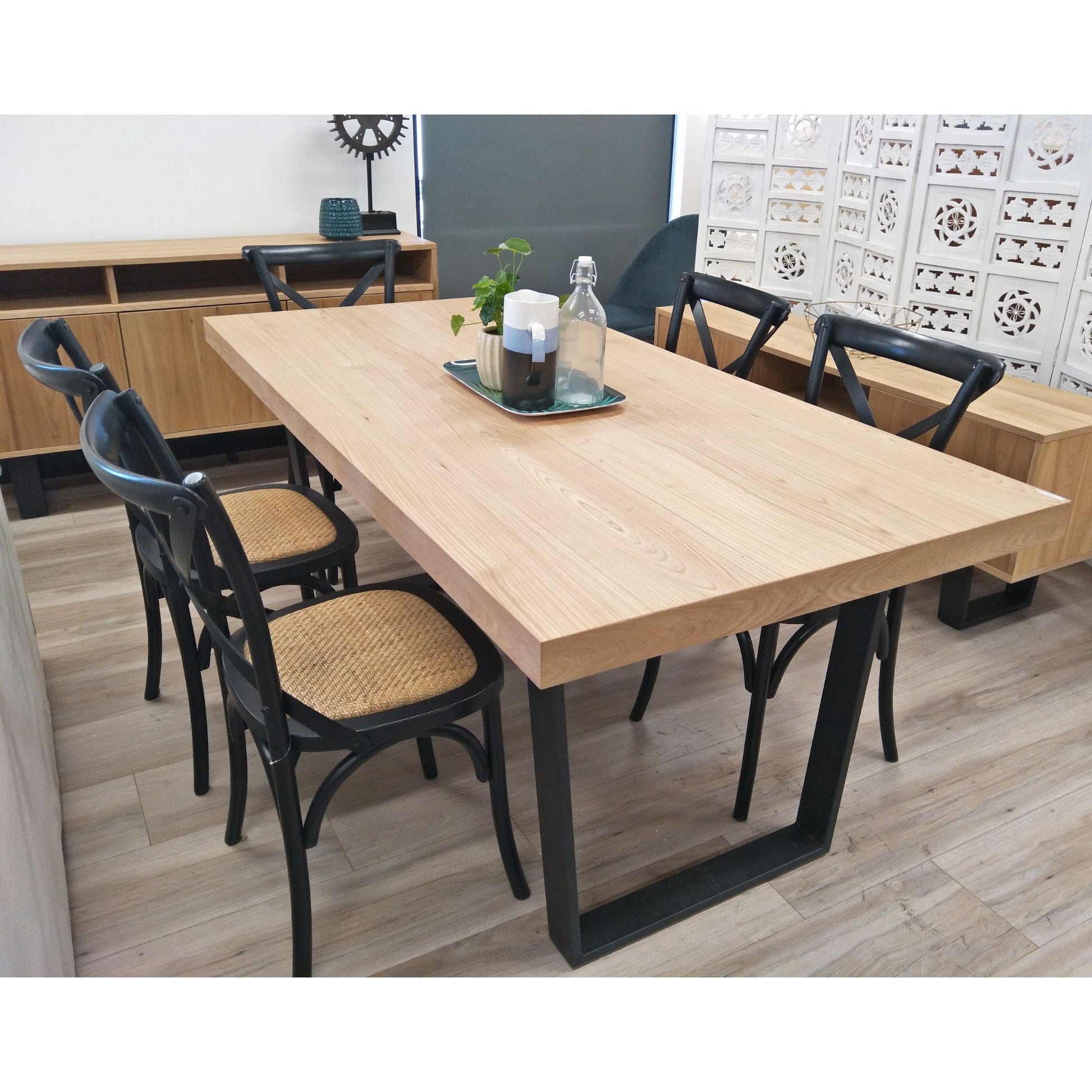 Petunia 9pc 210cm Dining Table Set 8 Cross Back Chair Elm Timber Wood Metal Leg - Cosy Abode