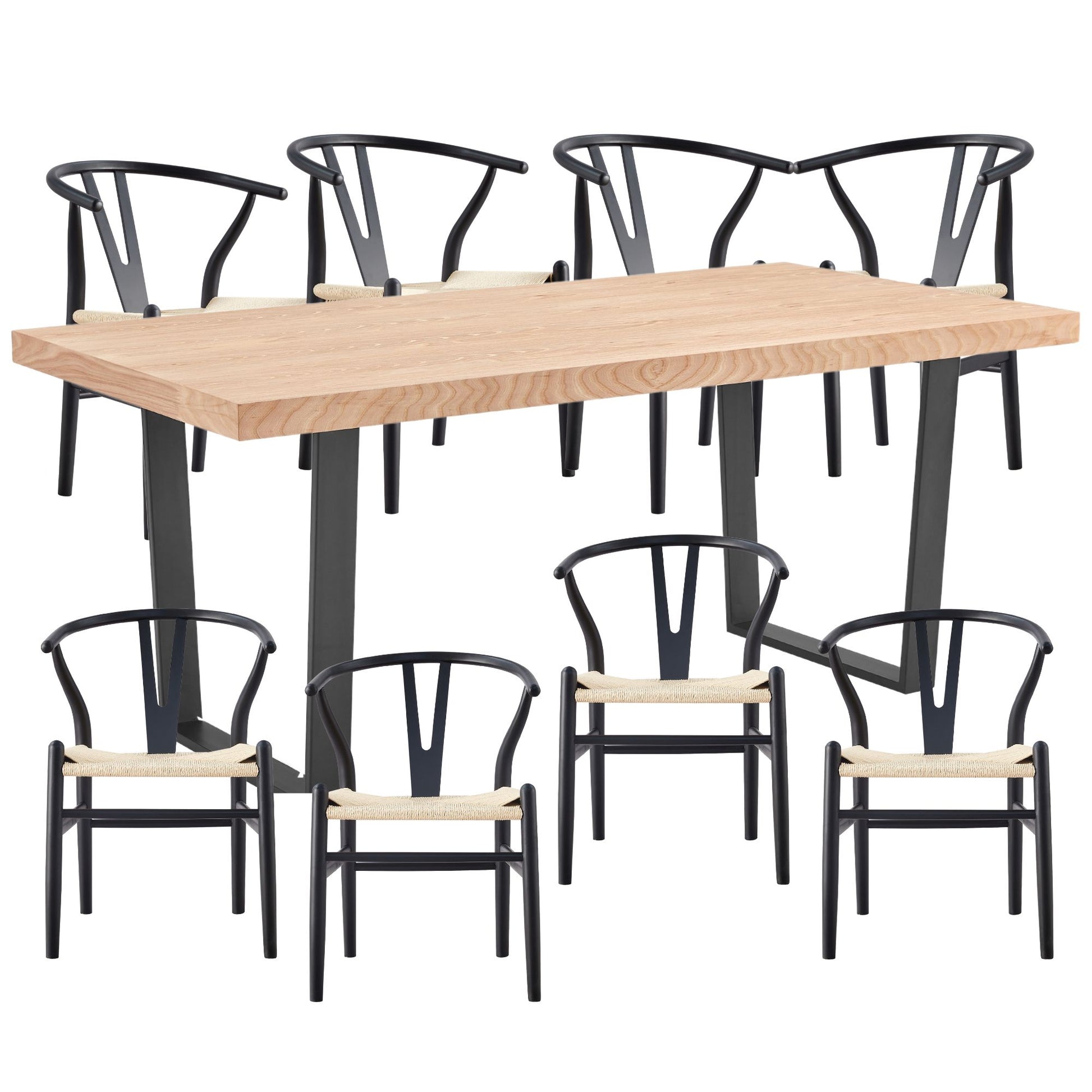 Petunia  9pc 210cm Dining Table Set 8 Wishbone Chair Elm Timber Wood Metal Leg - Cosy Abode
