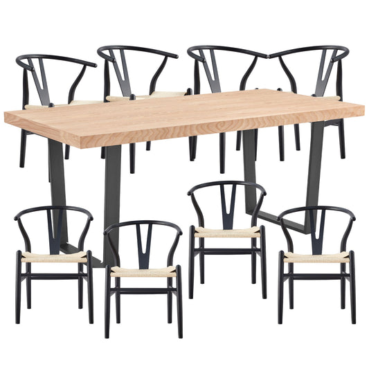Petunia  9pc 210cm Dining Table Set 8 Wishbone Chair Elm Timber Wood Metal Leg - Cosy Abode