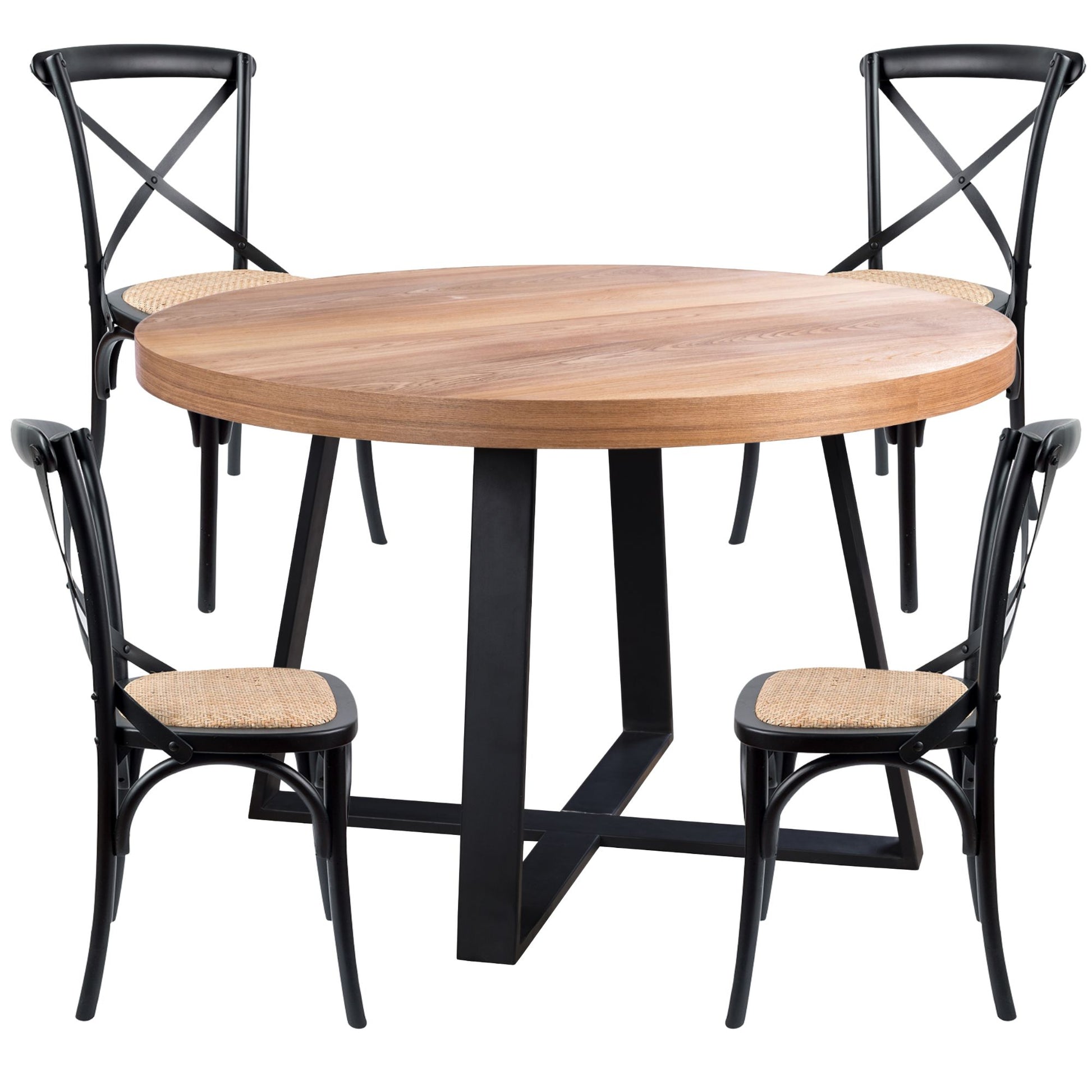 Petunia 5pc 120cm Round Breakfast Table with 4 Cross Back Chairs - Elm Timber - Cosy Abode