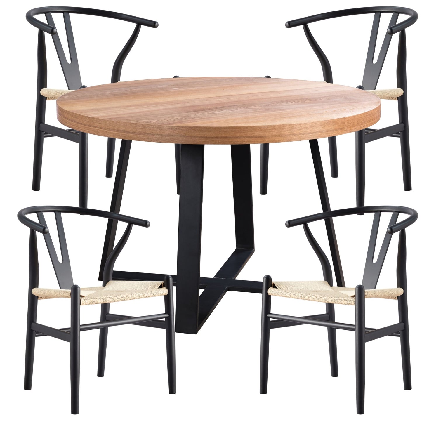 Petunia 5pc 120cm Round Breakfast Table with 4 Wishbone Chairs - Elm Timber - Cosy Abode