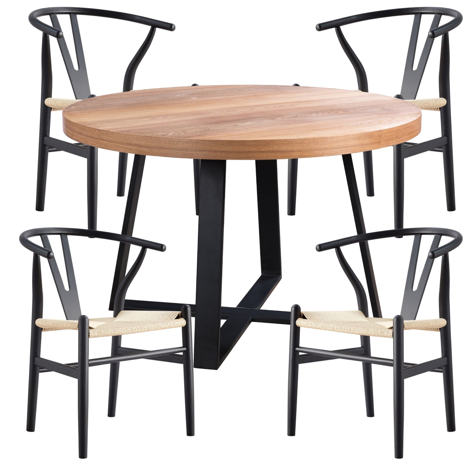 Petunia 5pc 120cm Round Breakfast Table with 4 Wishbone Chairs - Elm Timber - Cosy Abode