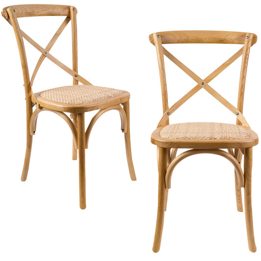 Aster Crossback Dining Chair Set of 2 Solid Birch Timber Wood Ratan Seat - Oak - Cosy Abode