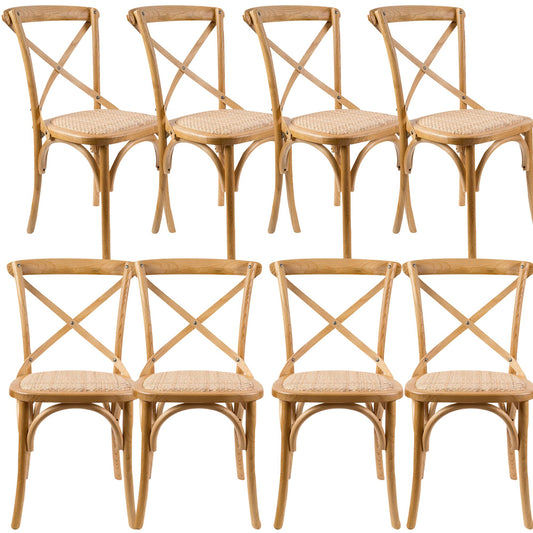 Aster Crossback Dining Chair Set of 8 Solid Birch Timber Wood Ratan Seat - Oak - Cosy Abode