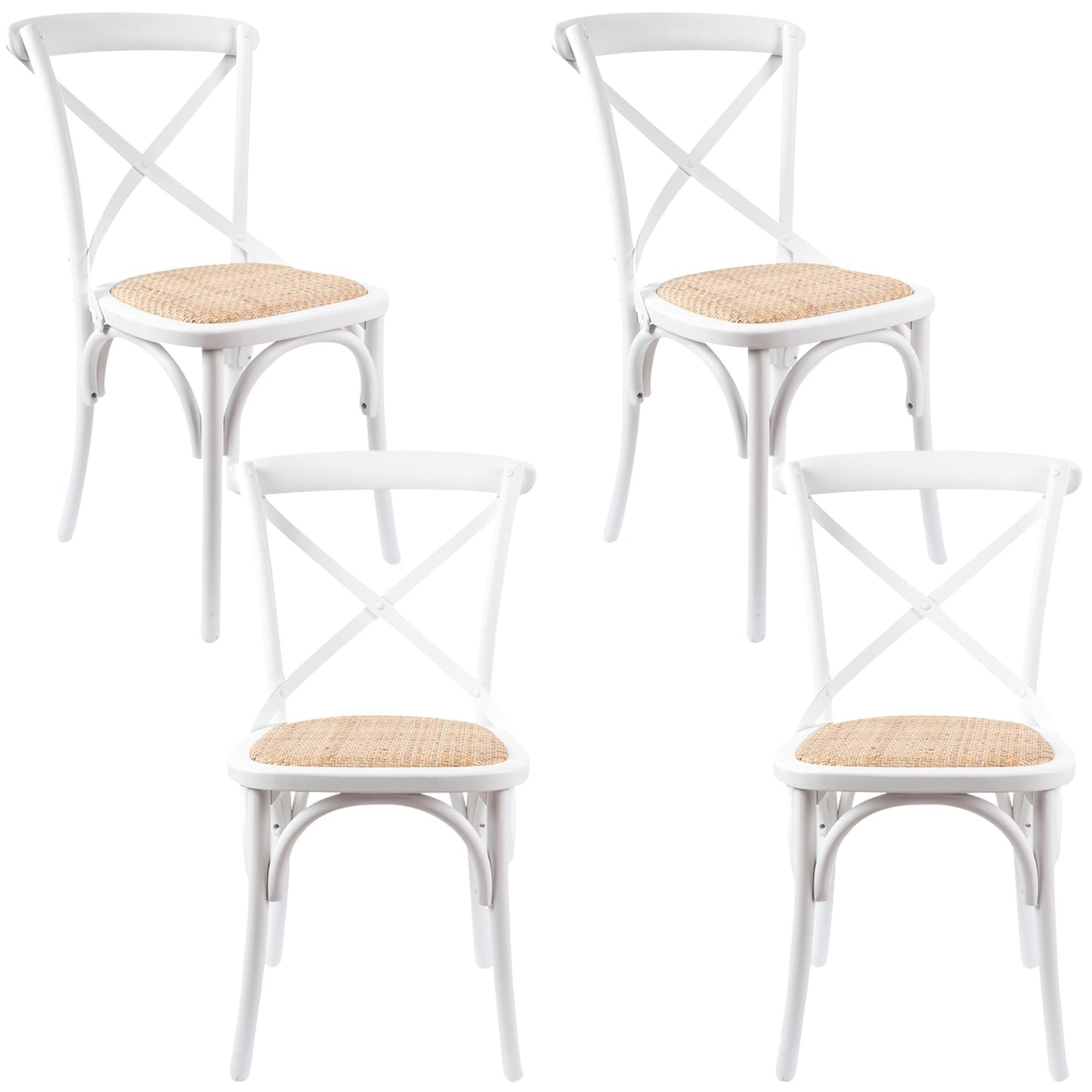 Aster Crossback Dining Chair Set of 4 Solid Birch Timber Wood Ratan Seat - White - Cosy Abode
