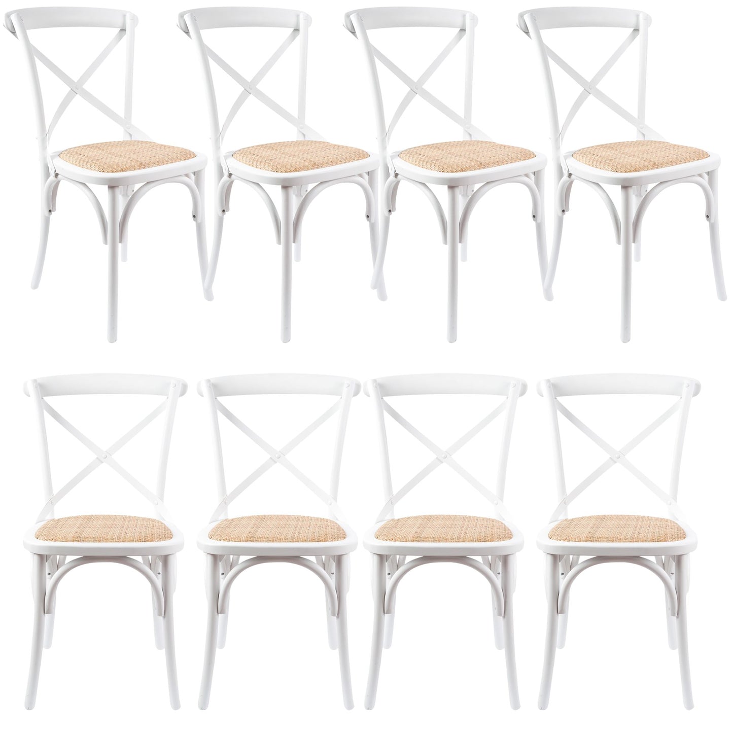 Aster Crossback Dining Chair Set of 8 Solid Birch Timber Wood Ratan Seat - White - Cosy Abode