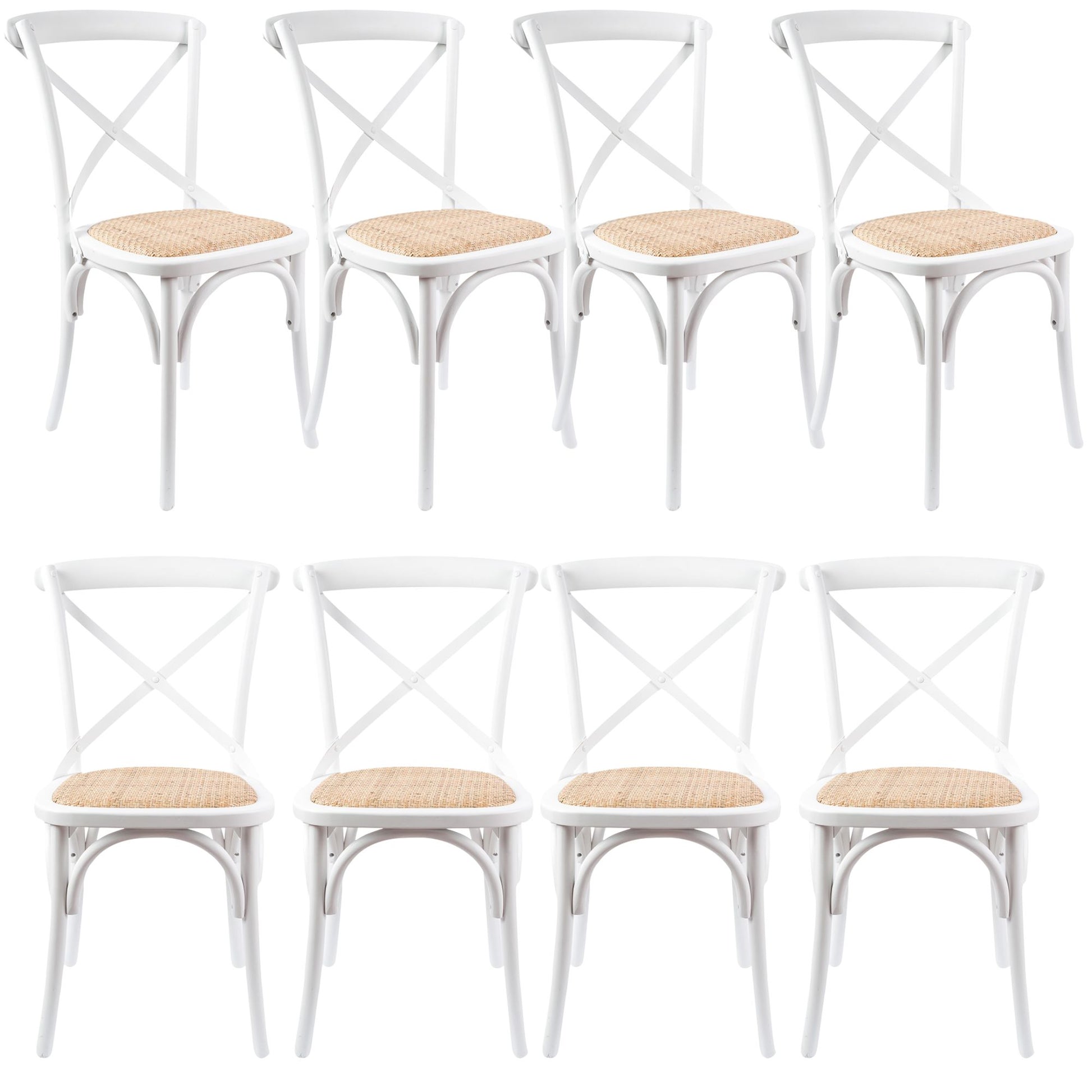 Aster Crossback Dining Chair Set of 8 Solid Birch Timber Wood Ratan Seat - White - Cosy Abode