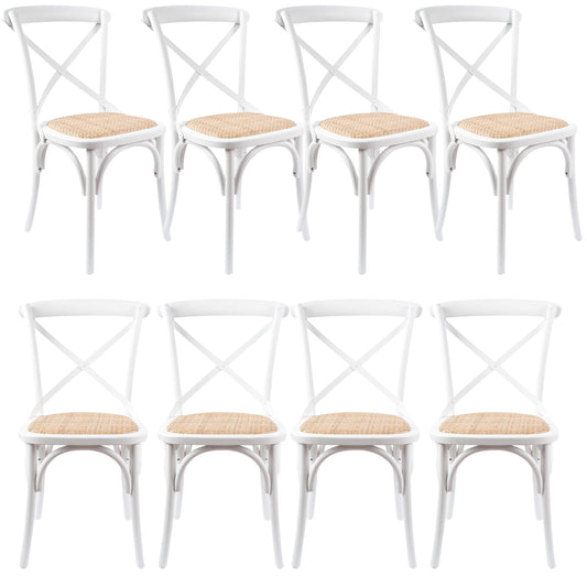 Aster Crossback Dining Chair Set of 8 Solid Birch Timber Wood Ratan Seat - White - Cosy Abode