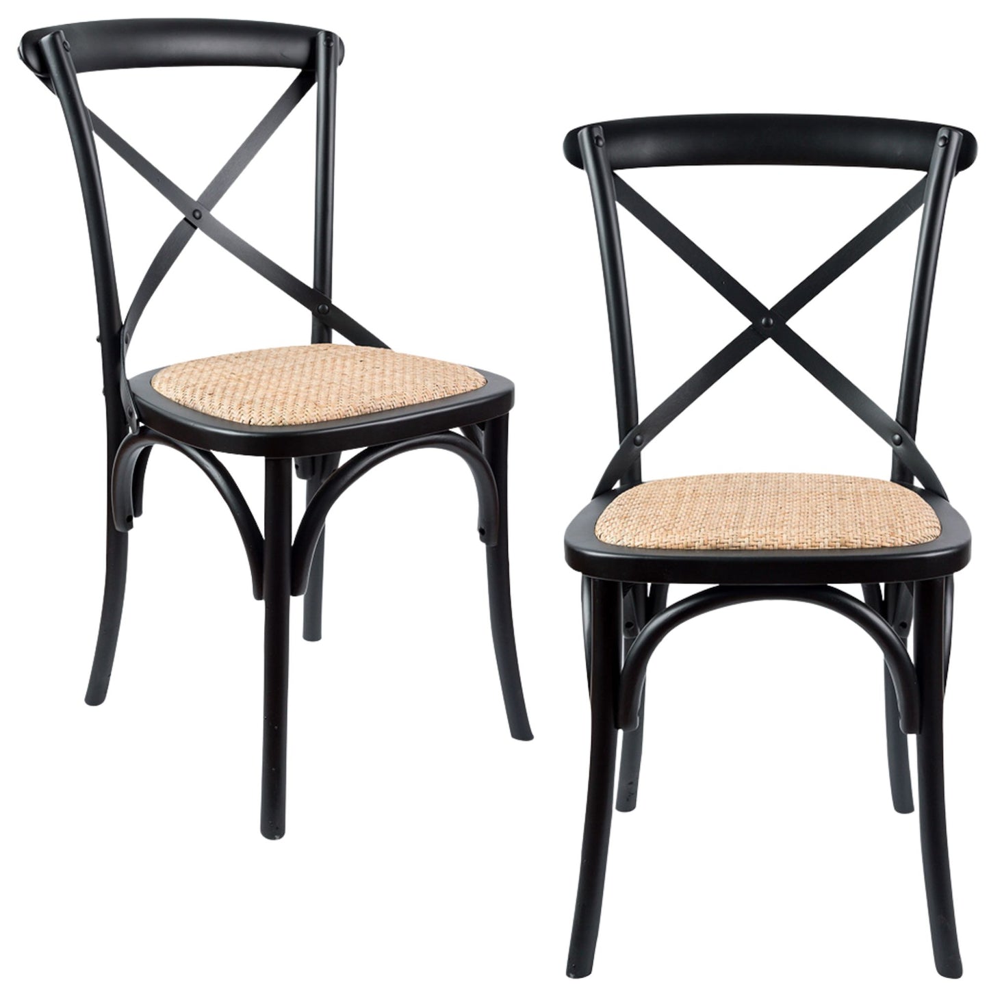 Aster Crossback Dining Chair Set of 2 Solid Birch Timber Wood Ratan Seat - Black - Cosy Abode