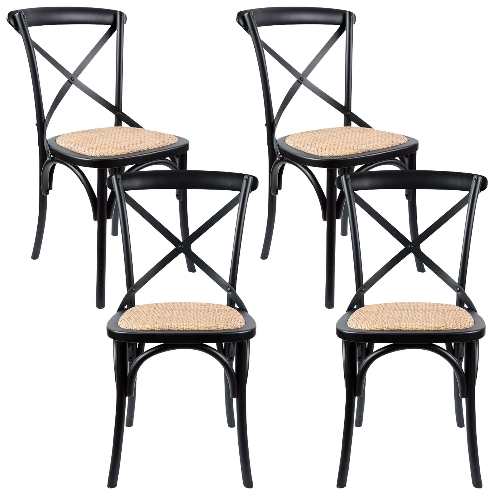 Aster Crossback Dining Chair Set of 4 Solid Birch Timber Wood Ratan Seat - Black - Cosy Abode