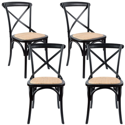 Aster Crossback Dining Chair Set of 4 Solid Birch Timber Wood Ratan Seat - Black - Cosy Abode