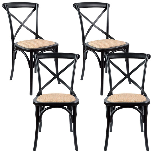Aster Crossback Dining Chair Set of 4 Solid Birch Timber Wood Ratan Seat - Black - Cosy Abode