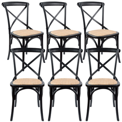 Aster Crossback Dining Chair Set of 6 Solid Birch Timber Wood Ratan Seat - Black - Cosy Abode