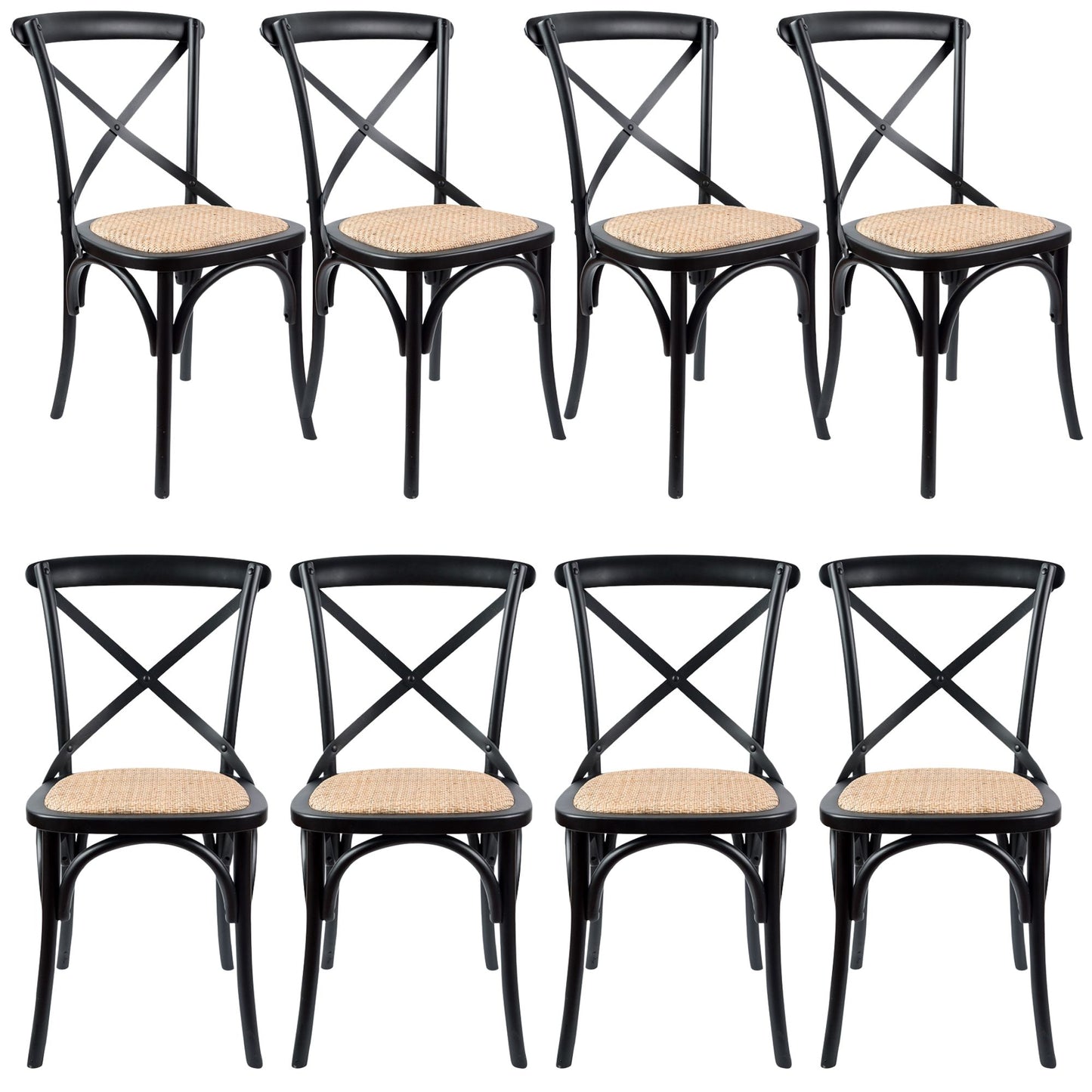 Aster Crossback Dining Chair Set of 8 Solid Birch Timber Wood Ratan Seat - Black - Cosy Abode