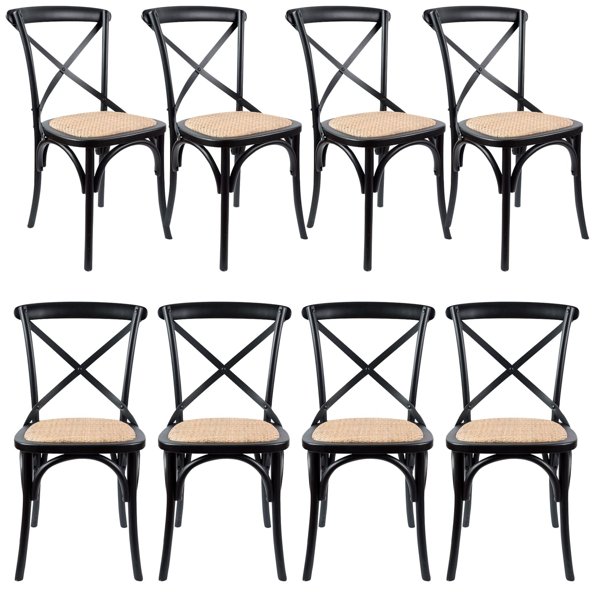 Aster Crossback Dining Chair Set of 8 Solid Birch Timber Wood Ratan Seat - Black - Cosy Abode