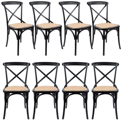 Aster Crossback Dining Chair Set of 8 Solid Birch Timber Wood Ratan Seat - Black - Cosy Abode