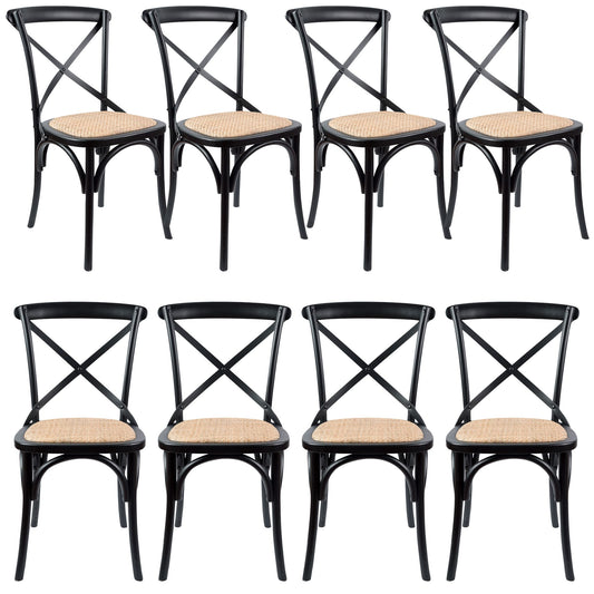 Aster Crossback Dining Chair Set of 8 Solid Birch Timber Wood Ratan Seat - Black - Cosy Abode