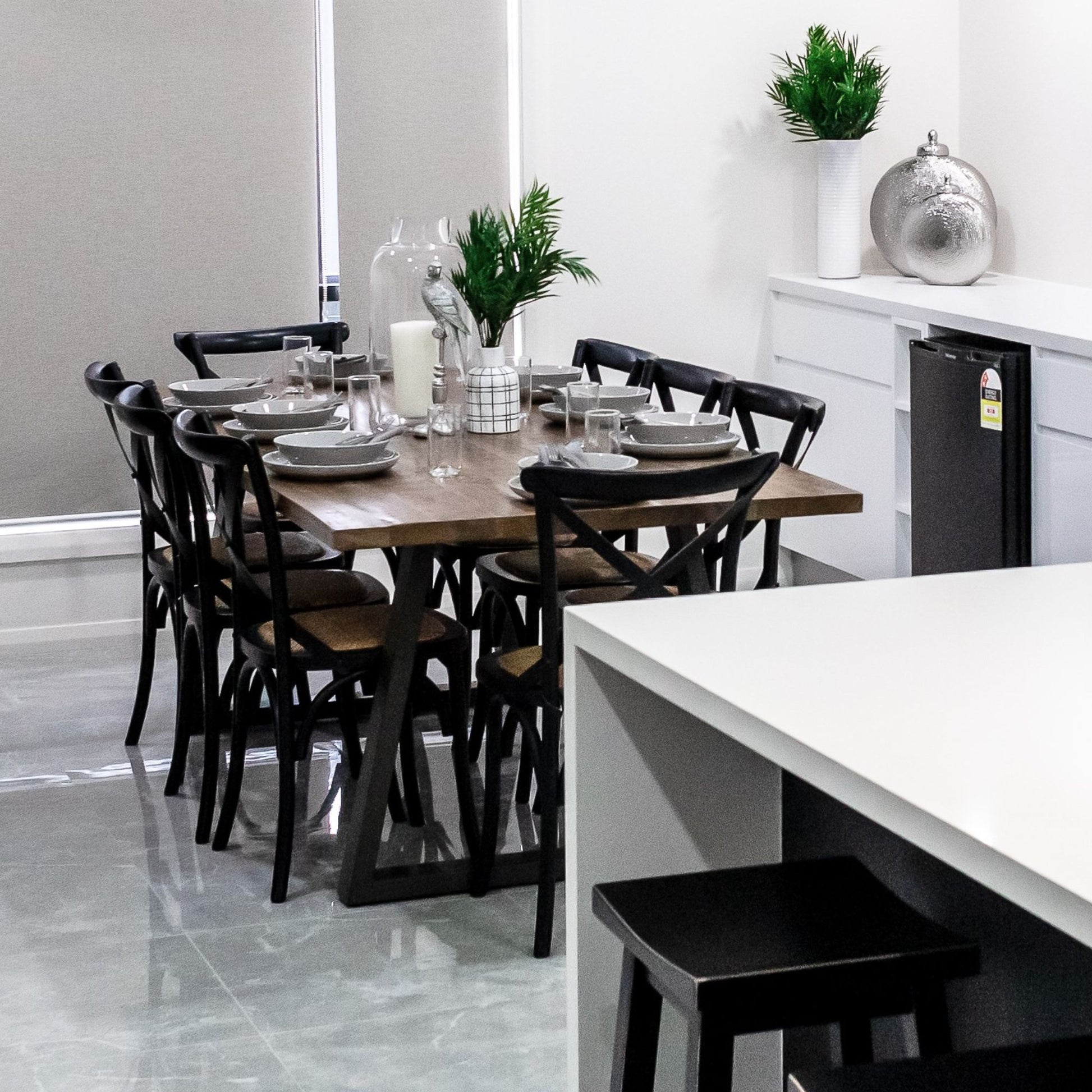 Aster Crossback Dining Chair Set of 8 Solid Birch Timber Wood Ratan Seat - Black - Cosy Abode