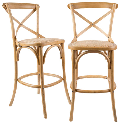 Aster 2pc Crossback Bar Stools Dining Chair Solid Birch Timber Rattan Seat - Oak - Cosy Abode