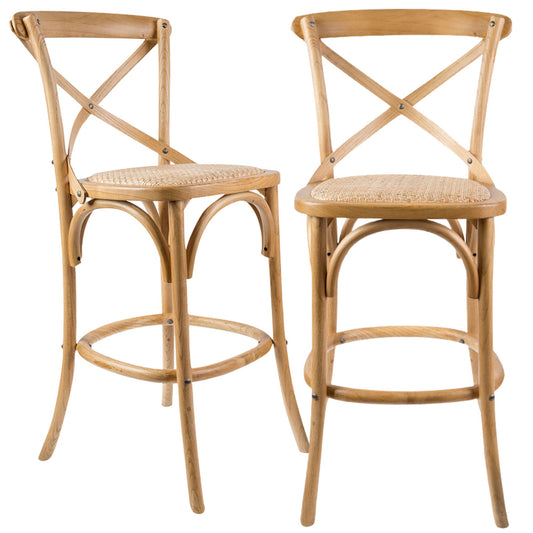 Aster 2pc Crossback Bar Stools Dining Chair Solid Birch Timber Rattan Seat - Oak - Cosy Abode