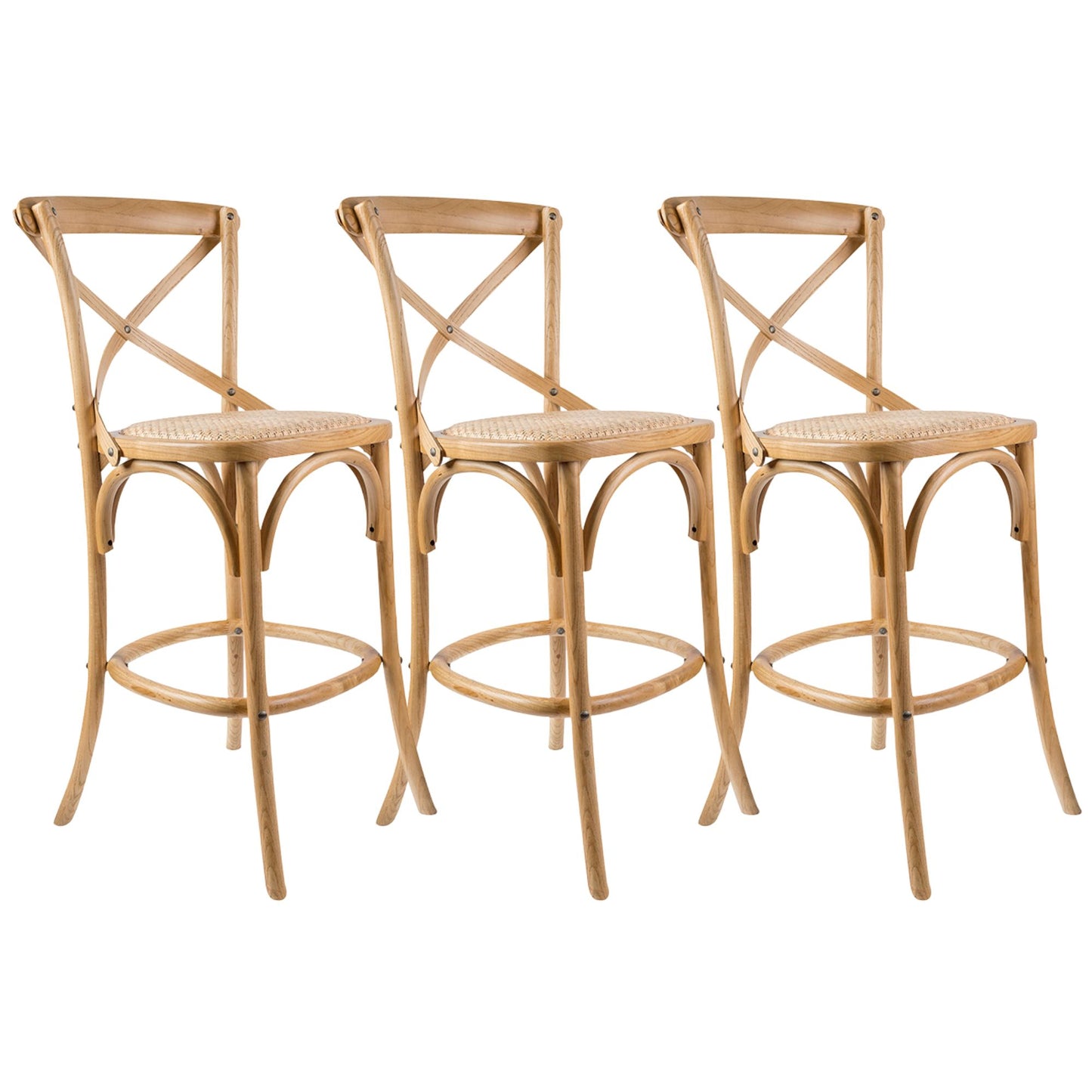 Aster 3pc Crossback Bar Stools Dining Chair Solid Birch Timber Rattan Seat - Oak - Cosy Abode