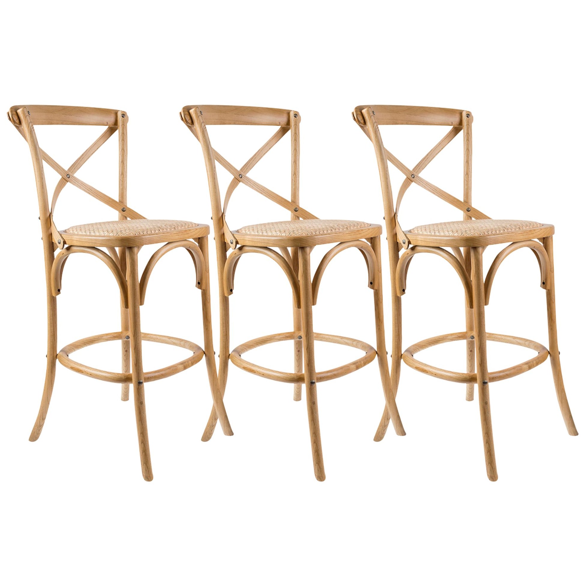 Aster 3pc Crossback Bar Stools Dining Chair Solid Birch Timber Rattan Seat - Oak - Cosy Abode