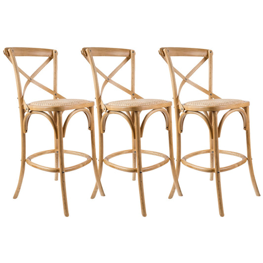 Aster 3pc Crossback Bar Stools Dining Chair Solid Birch Timber Rattan Seat - Oak - Cosy Abode