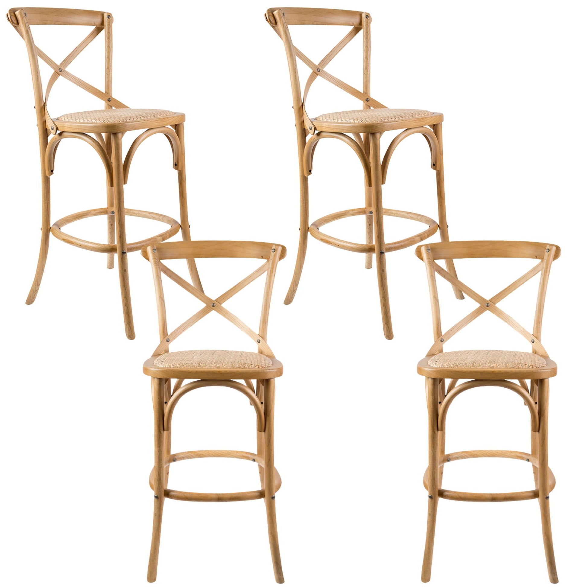 Aster 4pc Crossback Bar Stools Dining Chair Solid Birch Timber Rattan Seat - Oak - Cosy Abode