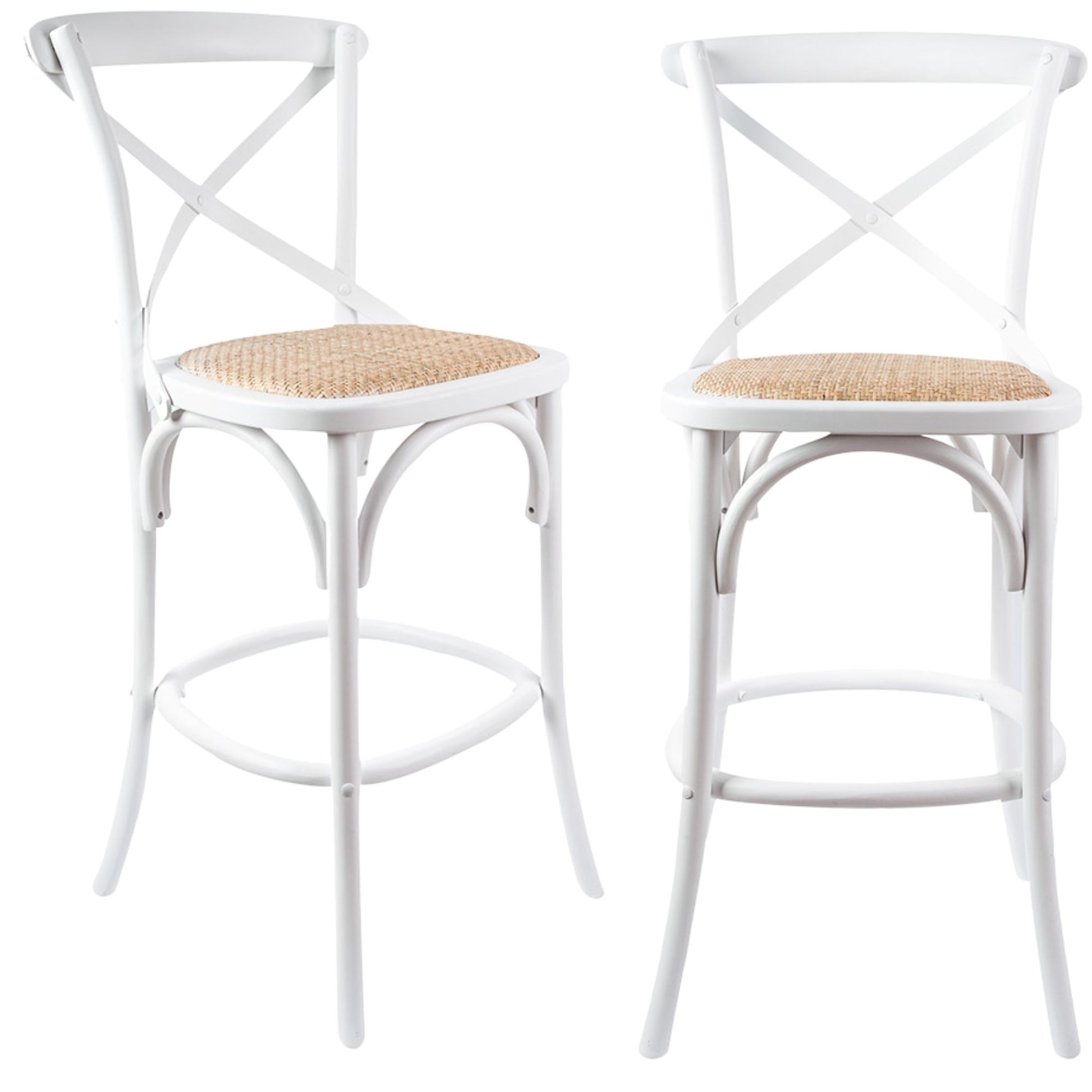 Aster 2pc Crossback Bar Stools Dining Chair Solid Birch Timber Rattan Seat White - Cosy Abode