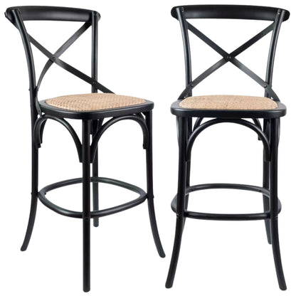 Aster 2pc Crossback Bar Stools Dining Chair Solid Birch Timber Rattan Seat Black - Cosy Abode
