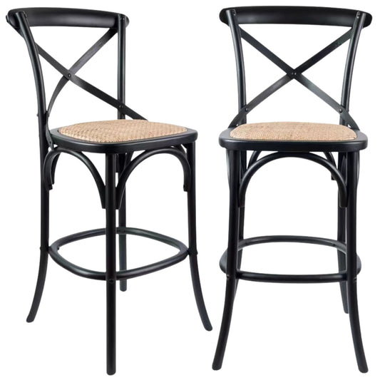 Aster 2pc Crossback Bar Stools Dining Chair Solid Birch Timber Rattan Seat Black - Cosy Abode