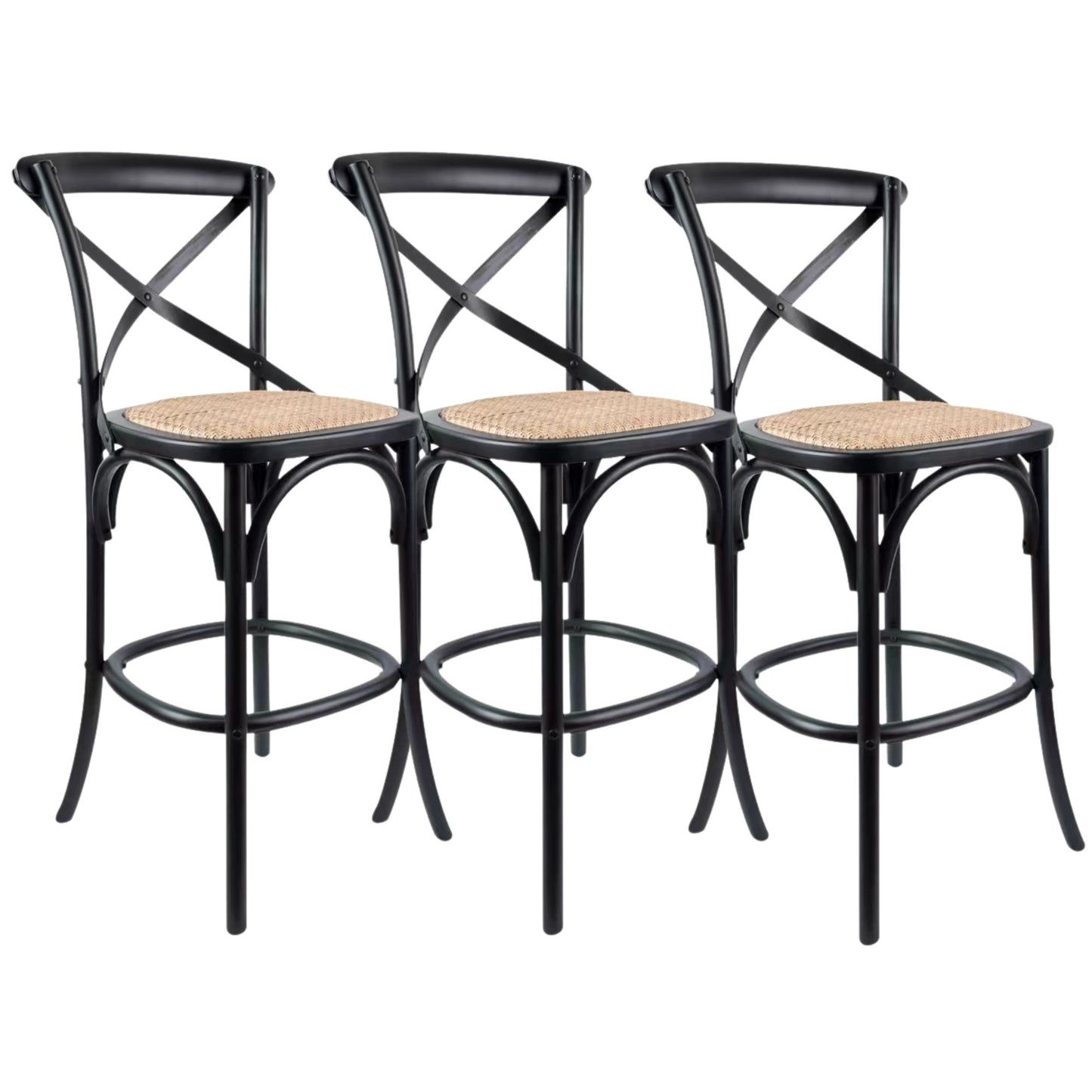 Aster 3pc Crossback Bar Stools Dining Chair Solid Birch Timber Rattan Seat Black - Cosy Abode