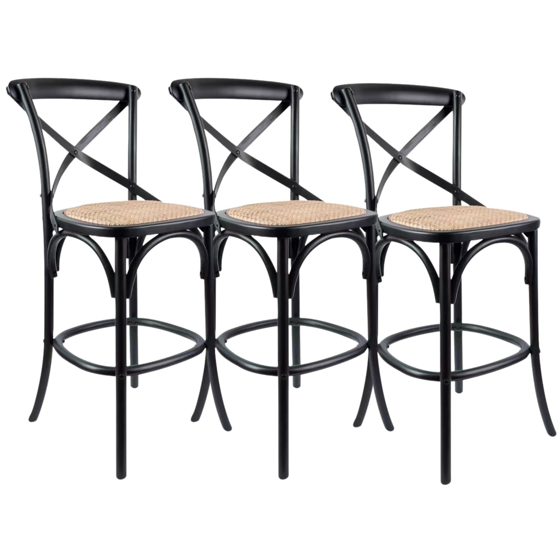 Aster 3pc Crossback Bar Stools Dining Chair Solid Birch Timber Rattan Seat Black - Cosy Abode