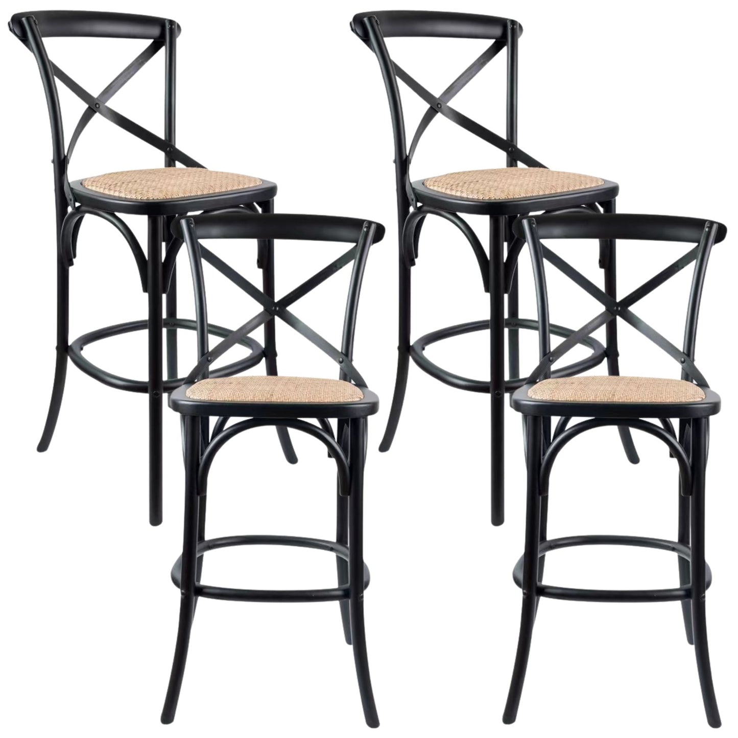 Aster 4pc Crossback Bar Stools Dining Chair Solid Birch Timber Rattan Seat Black - Cosy Abode