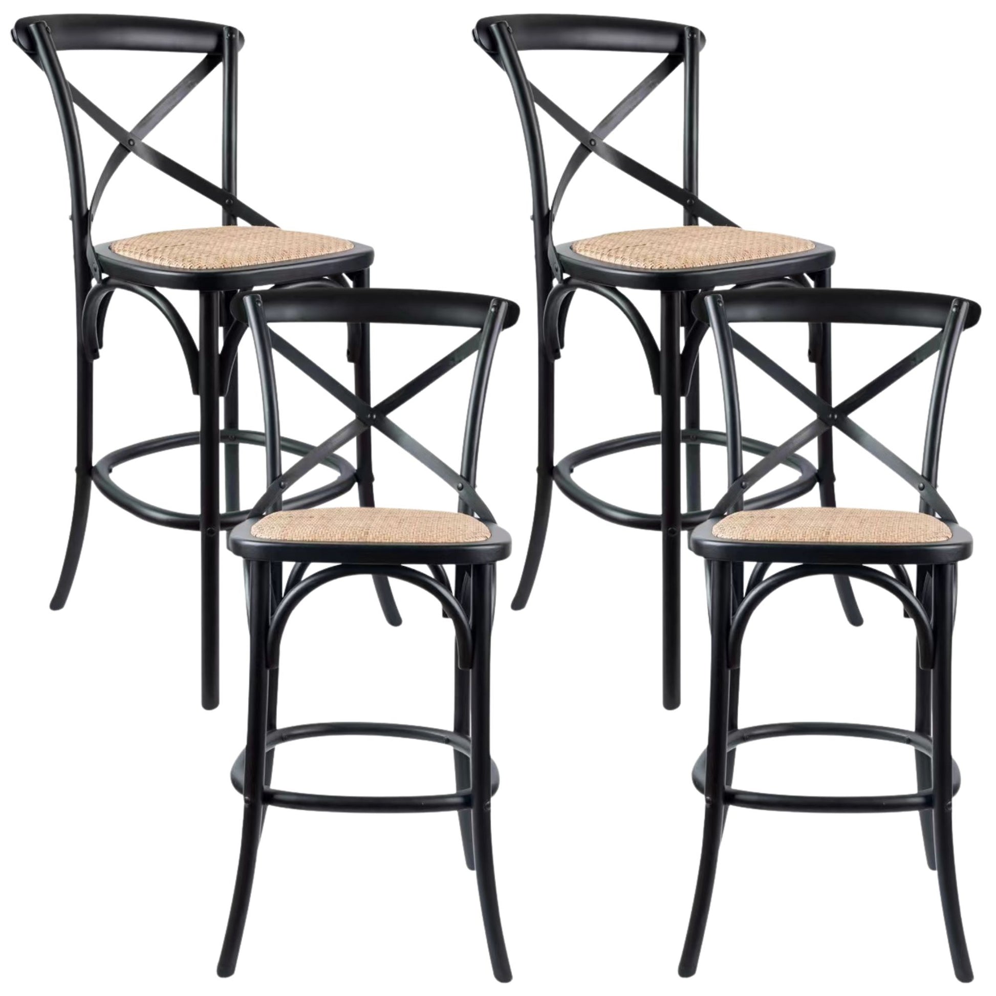 Aster 4pc Crossback Bar Stools Dining Chair Solid Birch Timber Rattan Seat Black - Cosy Abode