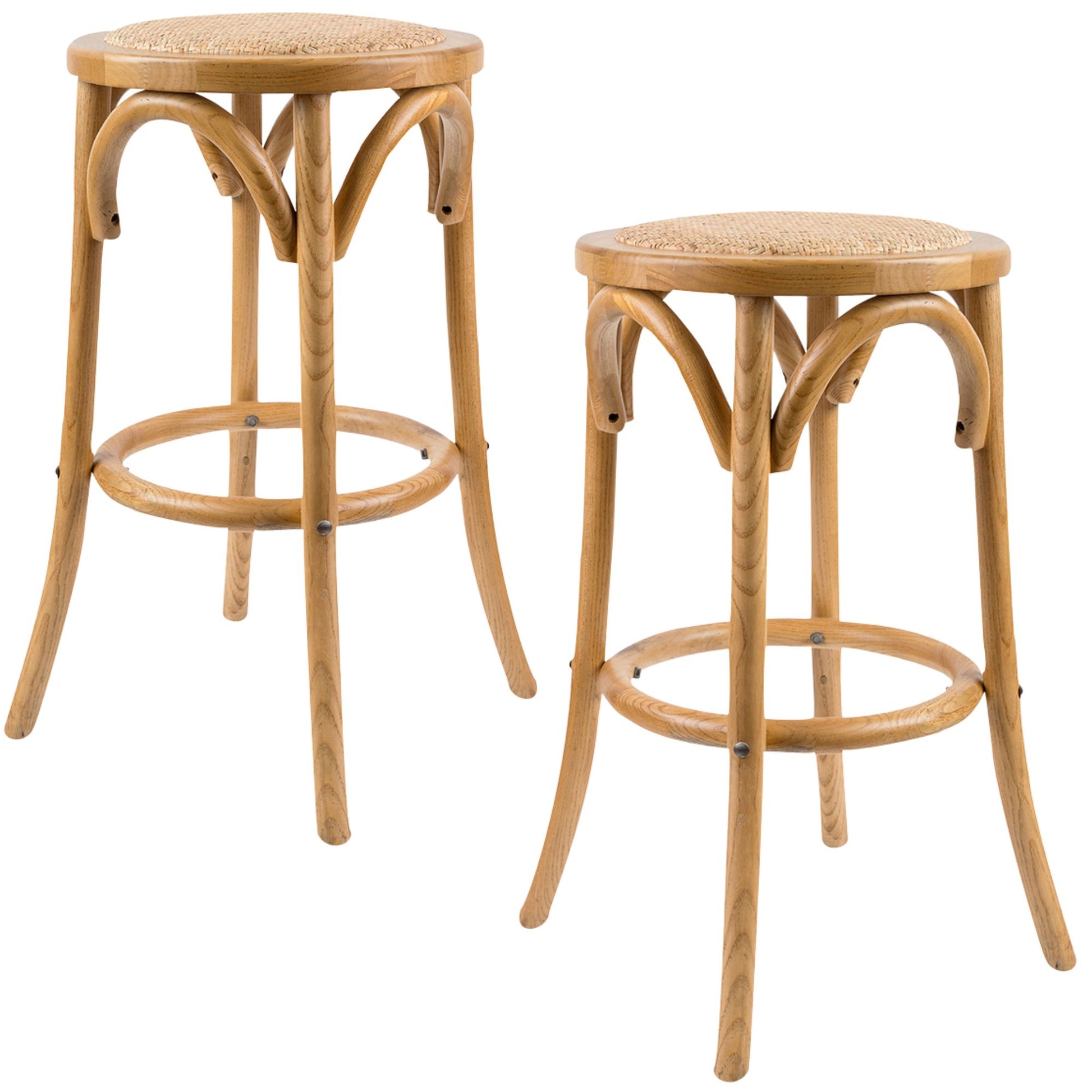 Aster 2pc Round Bar Stools Dining Stool Chair Solid Birch Timber Rattan Seat Oak - Cosy Abode