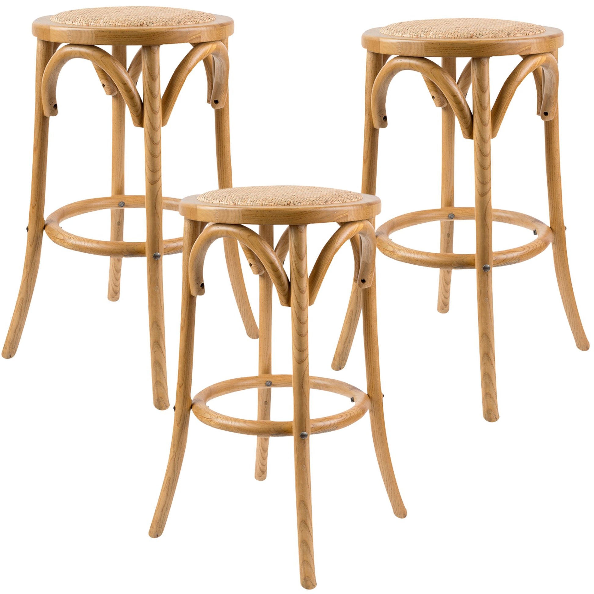 Aster 3pc Round Bar Stools Dining Stool Chair Solid Birch Wood Rattan Seat Oak - Cosy Abode