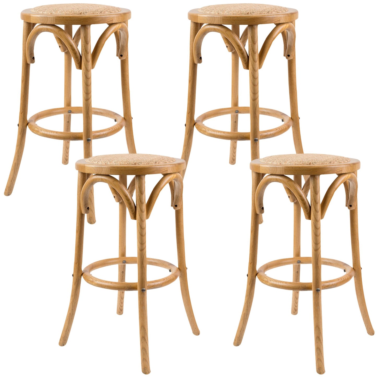Aster 4pc Round Bar Stools Dining Stool Chair Solid Birch Wood Rattan Seat Oak - Cosy Abode