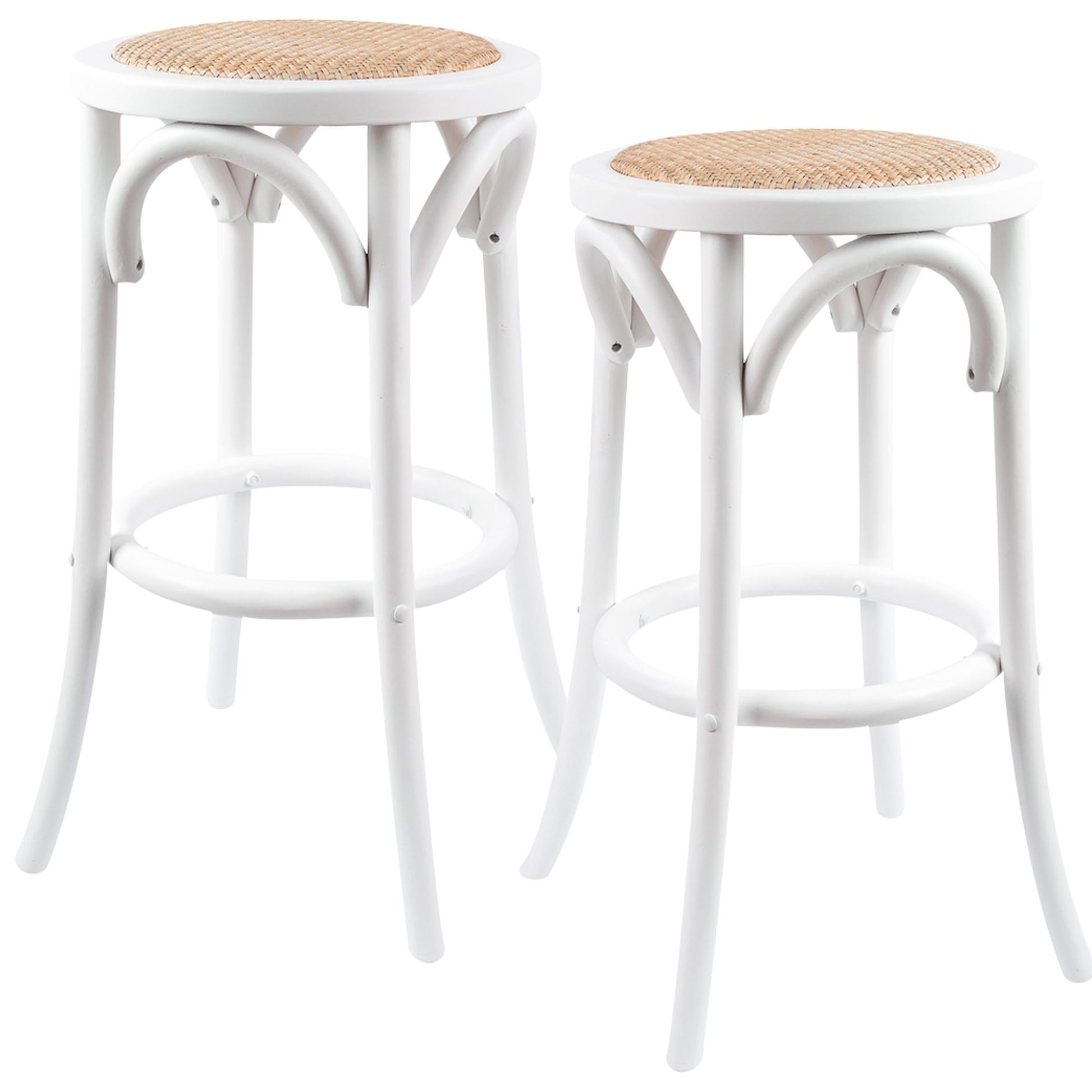 Aster 2pc Round Bar Stools Dining Stool Chair Solid Birch Wood Rattan Seat White - Cosy Abode