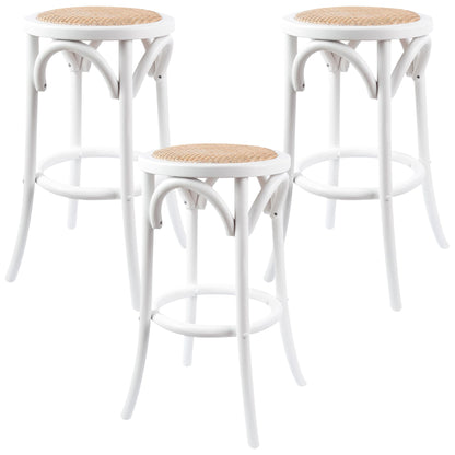 Aster 3pc Round Bar Stools Dining Stool Chair Solid Birch Wood Rattan Seat White - Cosy Abode