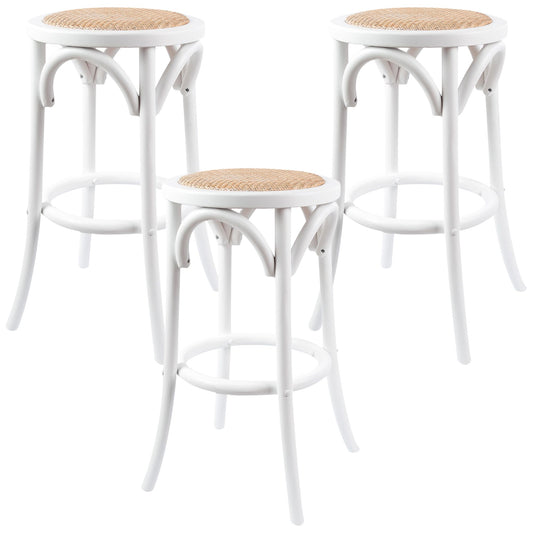 Aster 3pc Round Bar Stools Dining Stool Chair Solid Birch Wood Rattan Seat White - Cosy Abode