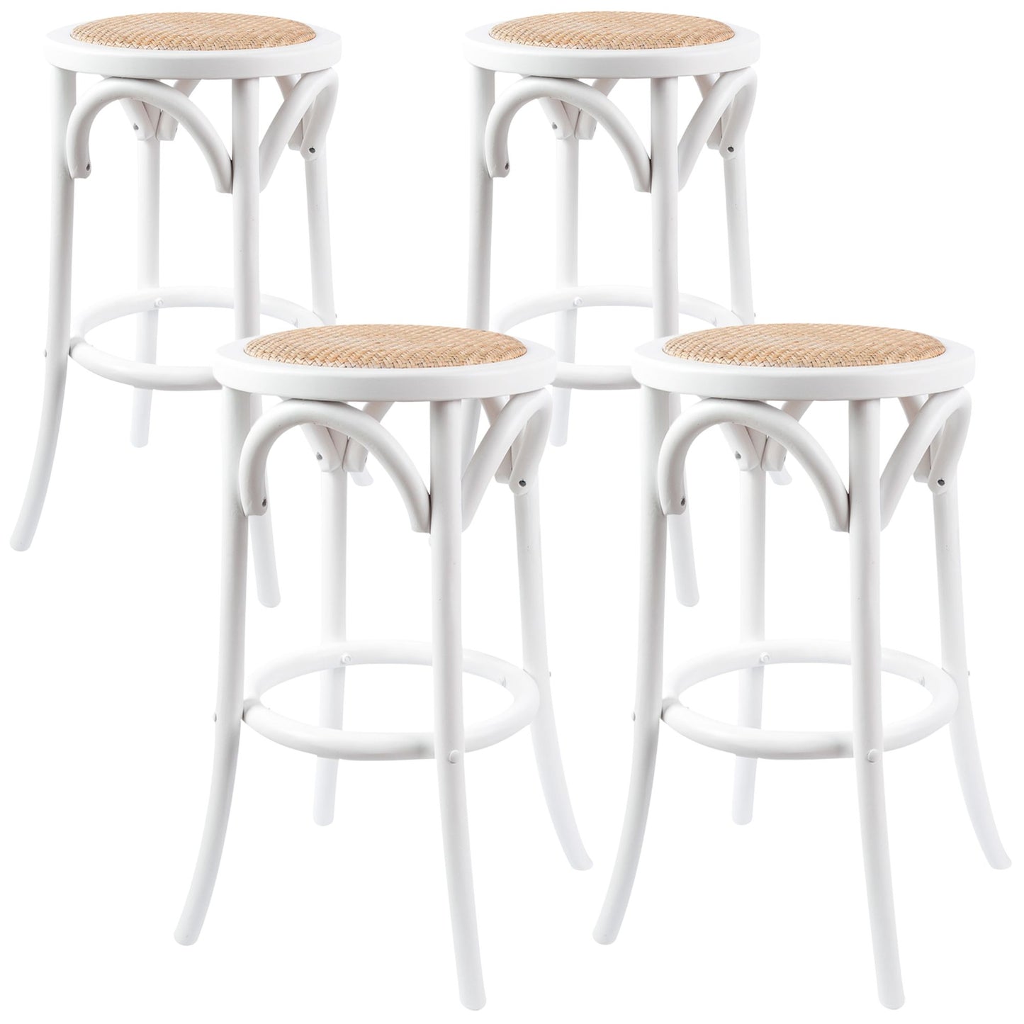 Aster 4pc Round Bar Stools Dining Stool Chair Solid Birch Wood Rattan Seat White - Cosy Abode