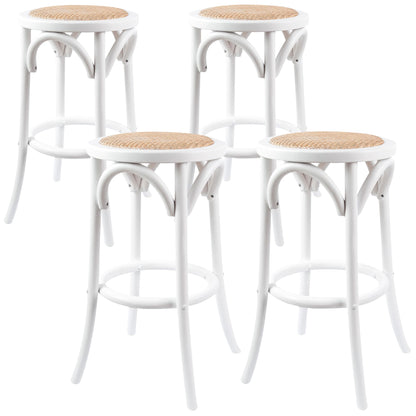 Aster 4pc Round Bar Stools Dining Stool Chair Solid Birch Wood Rattan Seat White - Cosy Abode