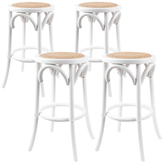 Aster 4pc Round Bar Stools Dining Stool Chair Solid Birch Wood Rattan Seat White - Cosy Abode