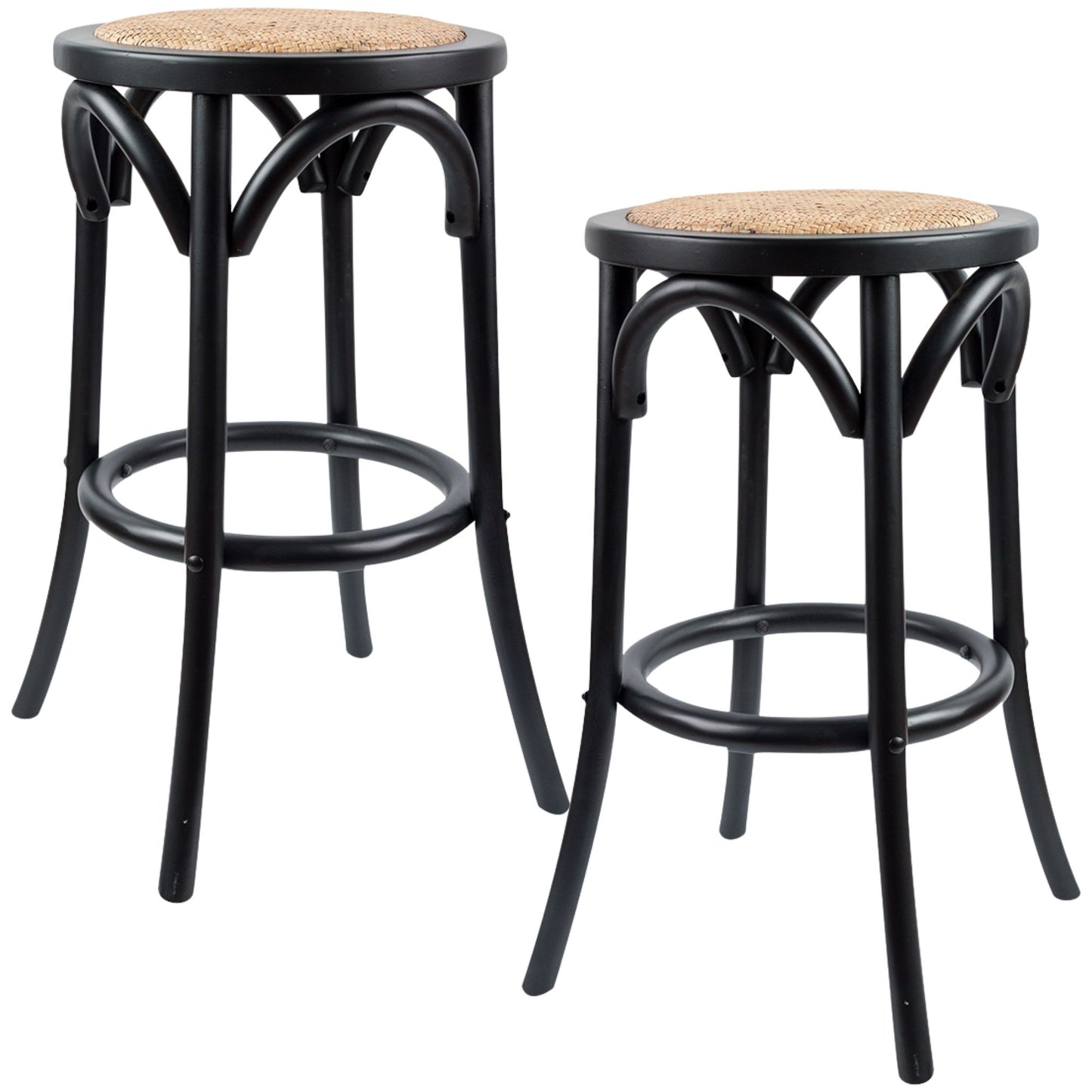 Aster 2pc Round Bar Stools Dining Stool Chair Solid Birch Wood Rattan Seat Black - Cosy Abode